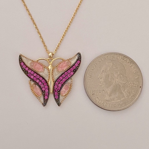 Silver pink butterfly enamel necklace - Picture 2 of 3
